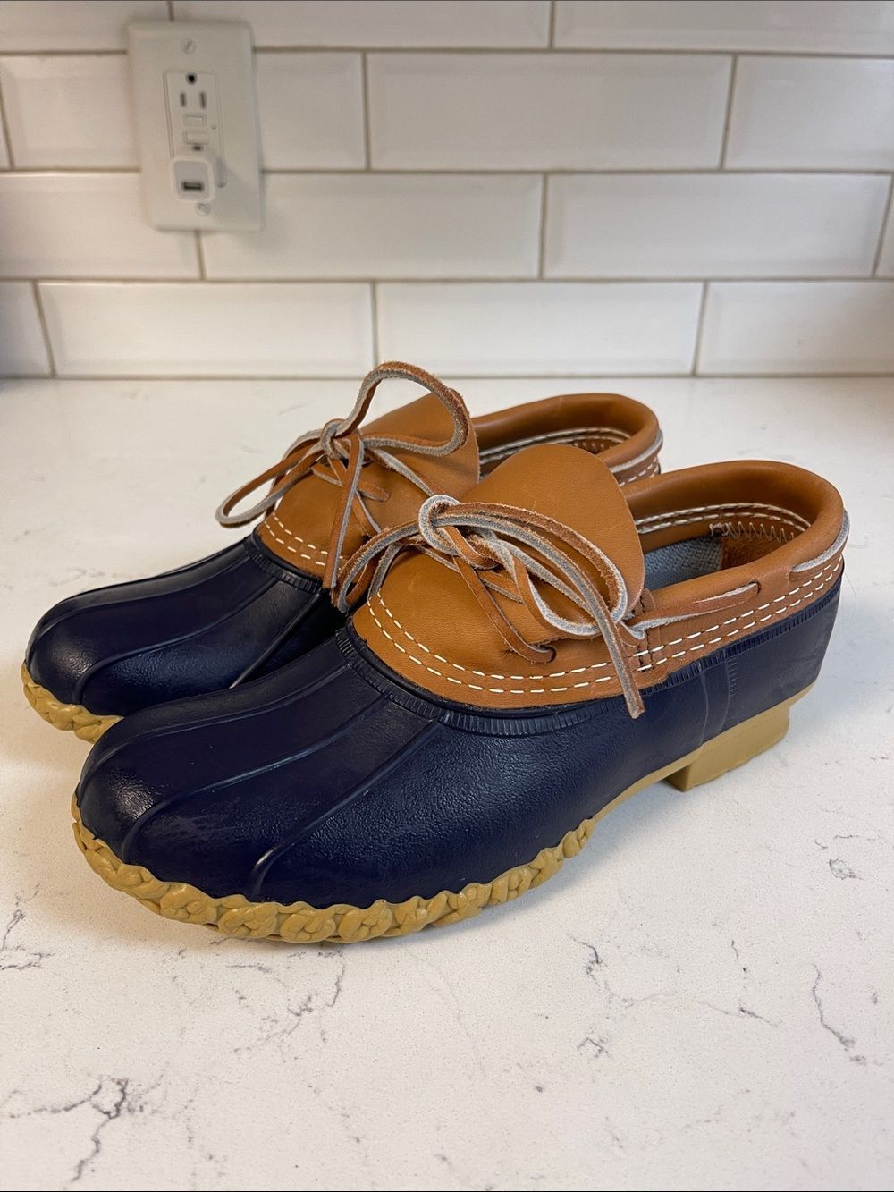 L. L. Bean Women's Bean Boots, Rubber Mocs Size 6 Tan/Bright Navy/Gum Duck Shoes